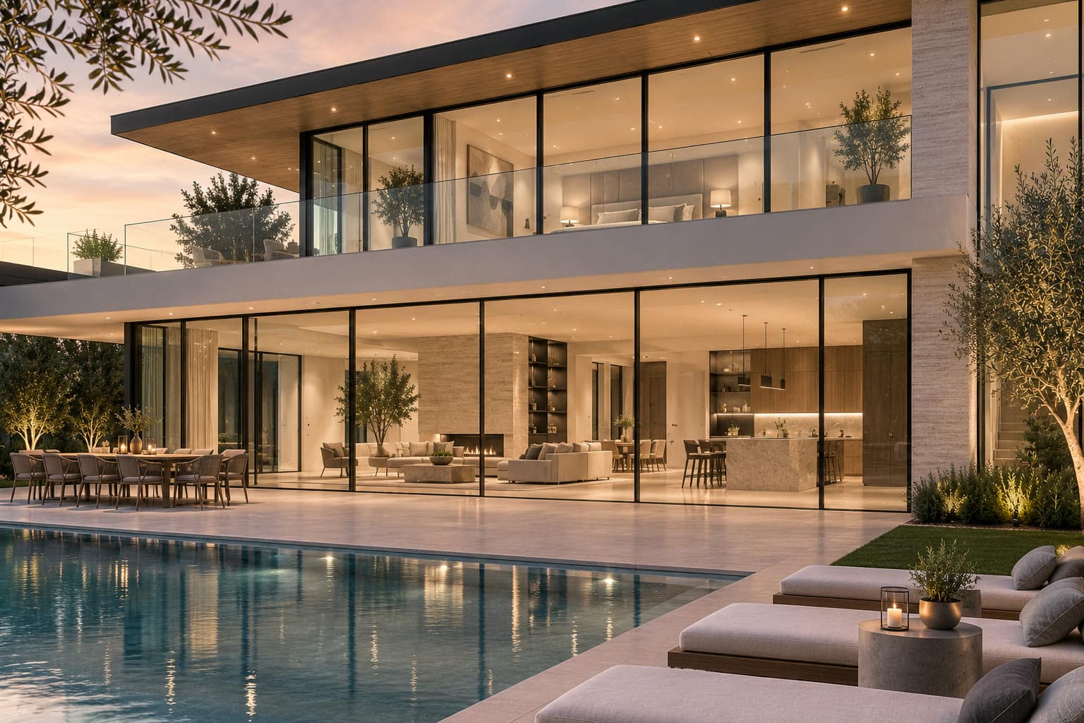 A modern glass house at dusk, sliding walls open to a pool terrace