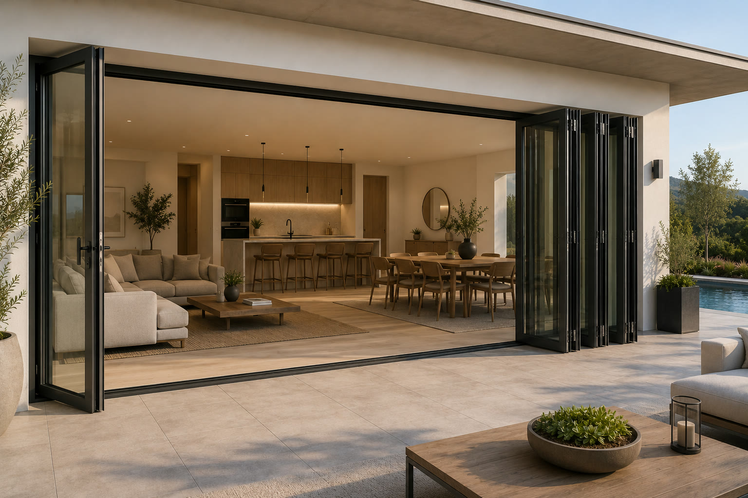 A bifolding glass wall folded fully open onto a terrace