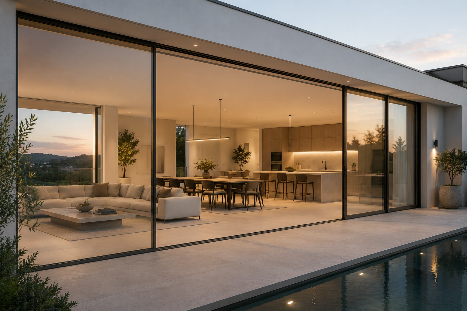 A wide sliding glass door open at dusk, the interior floor and exterior pool deck at the same level with no visible step