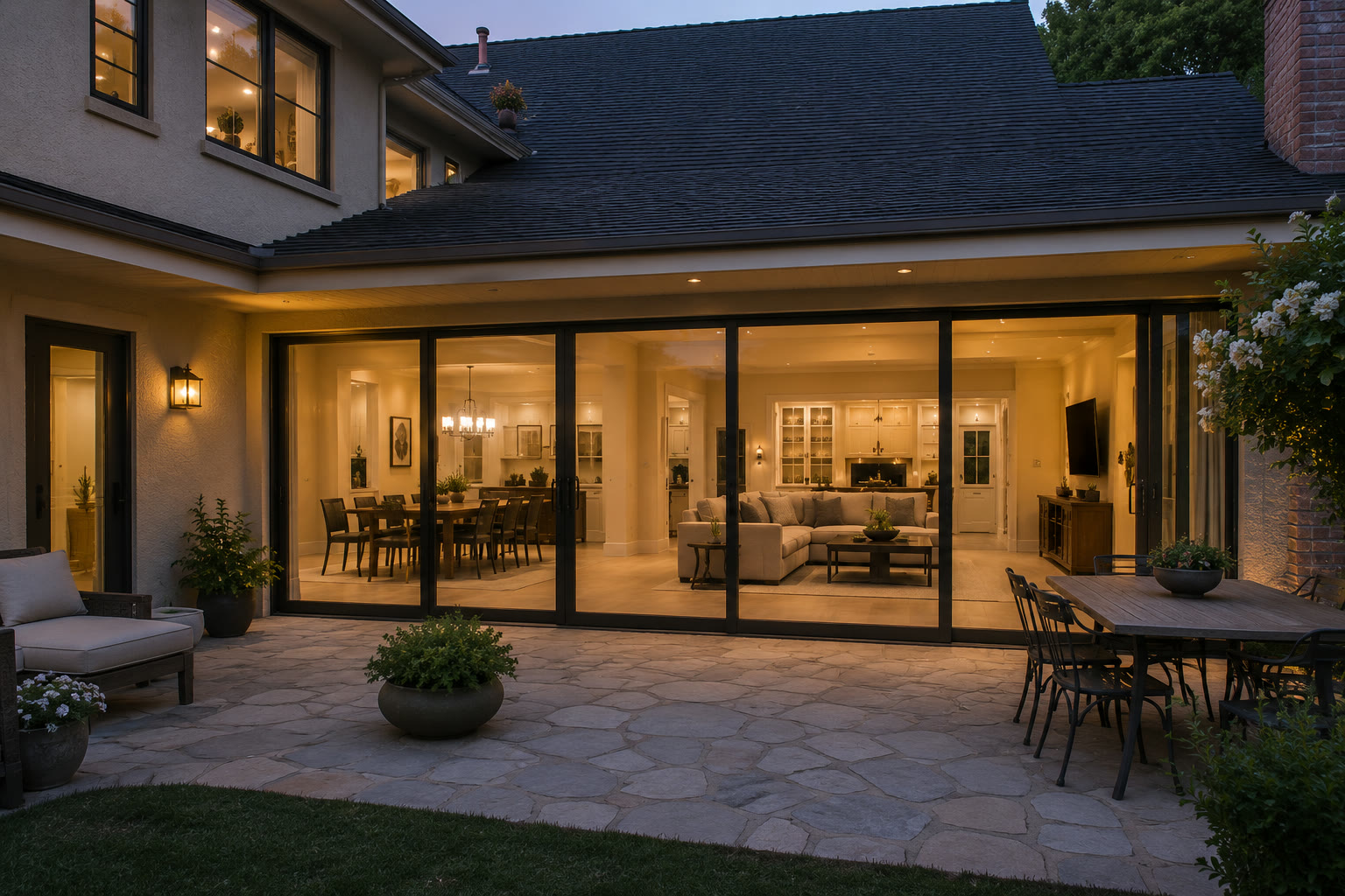 A multi-panel dark-framed sliding glass door system opening a living space onto a stone patio at dusk
